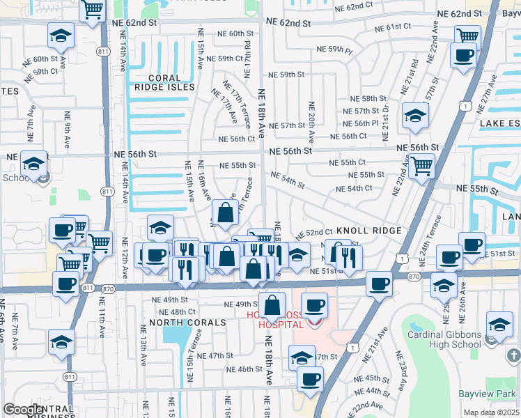 map of restaurants, bars, coffee shops, grocery stores, and more near 5250 Northeast 18th Terrace in Fort Lauderdale