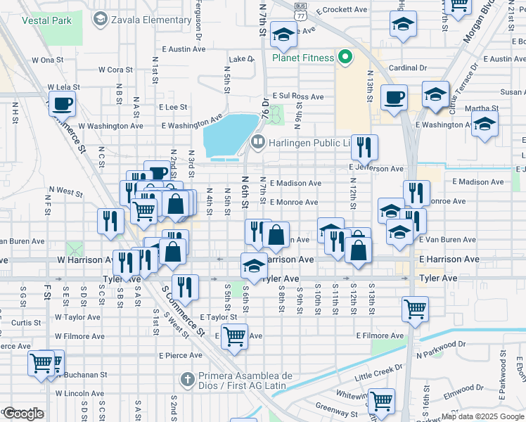 map of restaurants, bars, coffee shops, grocery stores, and more near 148 N 7th St in Harlingen