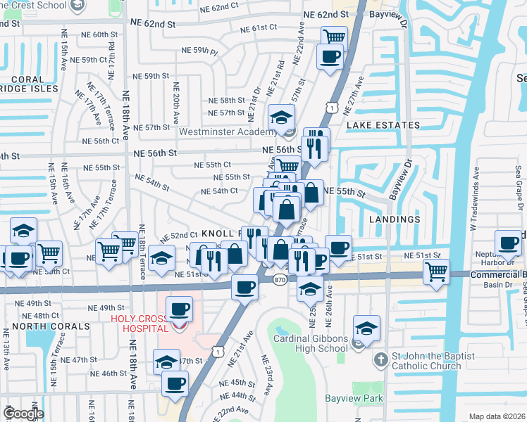 map of restaurants, bars, coffee shops, grocery stores, and more near 5404 Northeast 22nd Avenue in Fort Lauderdale