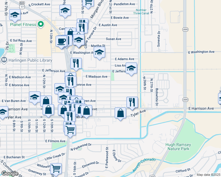 map of restaurants, bars, coffee shops, grocery stores, and more near 155 North 21st Street in Harlingen