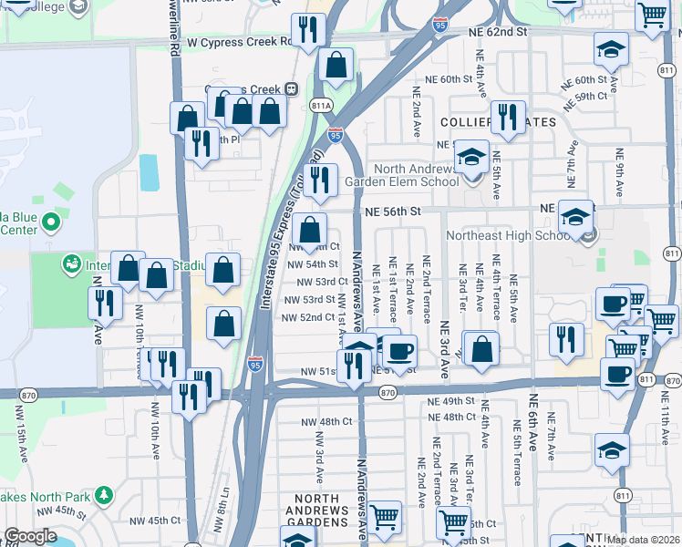 map of restaurants, bars, coffee shops, grocery stores, and more near 100 Northwest 53rd Court in Fort Lauderdale