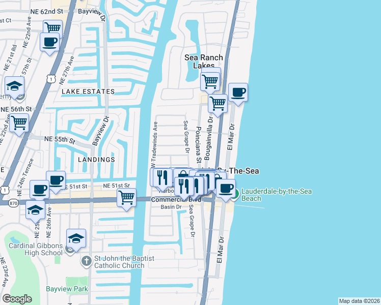 map of restaurants, bars, coffee shops, grocery stores, and more near 4512 Sea Grape Drive in Lauderdale-by-the-Sea