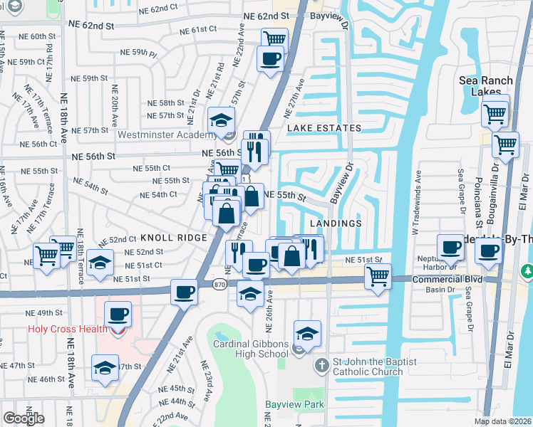 map of restaurants, bars, coffee shops, grocery stores, and more near 5231 Northeast 26th Avenue in Fort Lauderdale