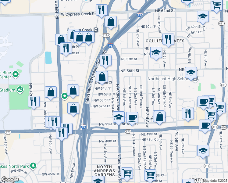 map of restaurants, bars, coffee shops, grocery stores, and more near 100 Northwest 53rd Court in Fort Lauderdale