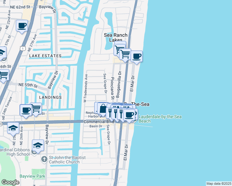 map of restaurants, bars, coffee shops, grocery stores, and more near 4512 Bougainvilla Drive in Lauderdale-by-the-Sea