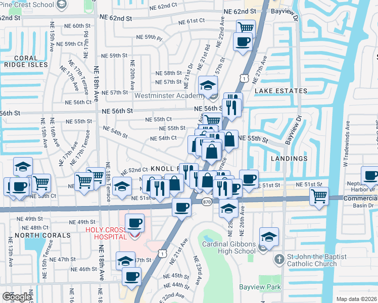 map of restaurants, bars, coffee shops, grocery stores, and more near 5420 Northeast 22nd Avenue in Fort Lauderdale