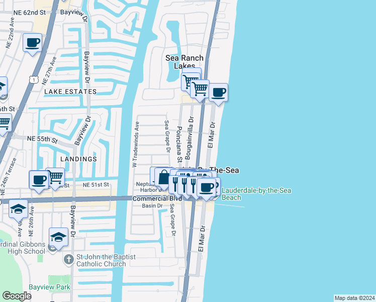 map of restaurants, bars, coffee shops, grocery stores, and more near 4512 Bougainvilla Drive in Lauderdale-by-the-Sea