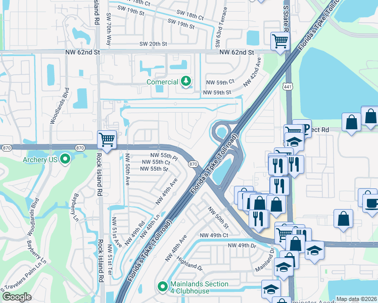 map of restaurants, bars, coffee shops, grocery stores, and more near 4857 Northwest 55th Place in Tamarac