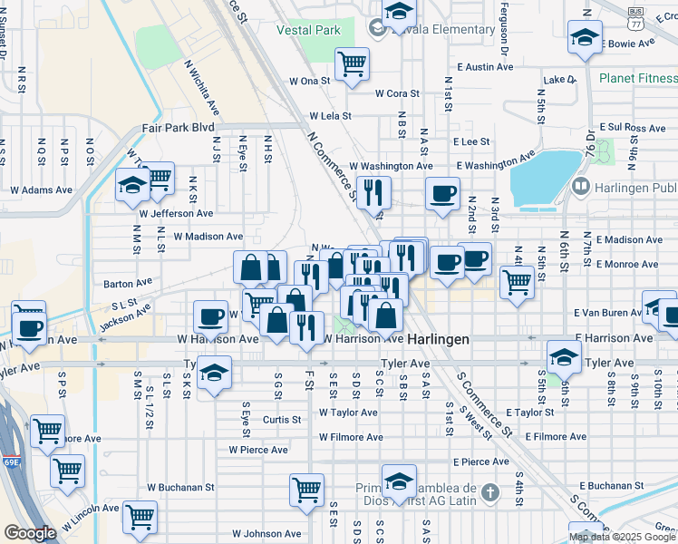 map of restaurants, bars, coffee shops, grocery stores, and more near 100-198 N E St in Harlingen