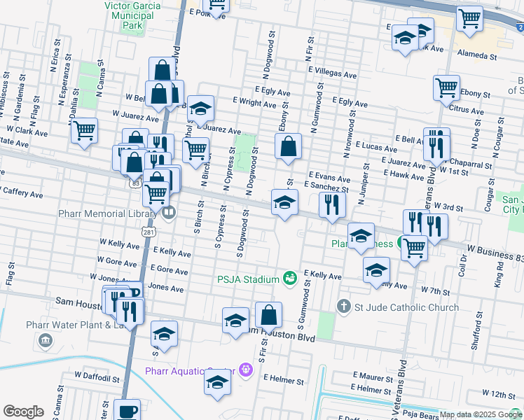 map of restaurants, bars, coffee shops, grocery stores, and more near 506 East Newcombe Avenue in Pharr
