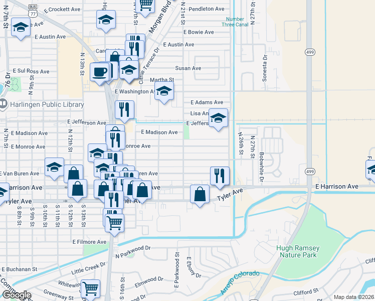 map of restaurants, bars, coffee shops, grocery stores, and more near 101-155 North 21st Street in Harlingen