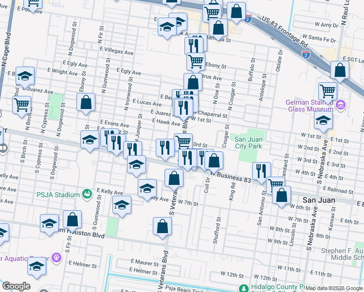 map of restaurants, bars, coffee shops, grocery stores, and more near 216 Fiesta Circle in San Juan