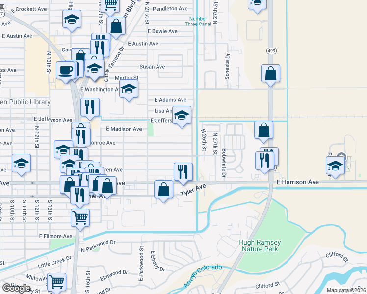 map of restaurants, bars, coffee shops, grocery stores, and more near 2317 East Jackson Avenue in Harlingen