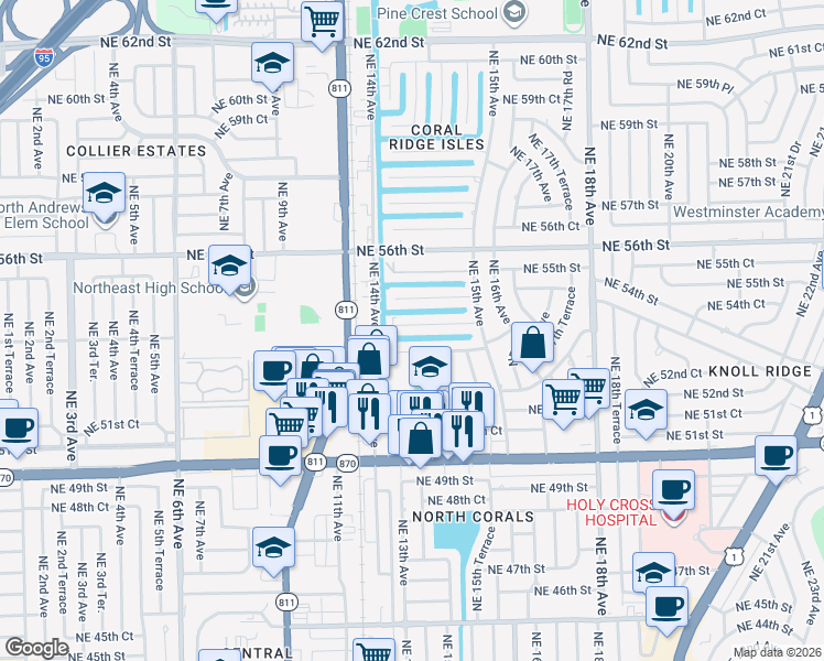 map of restaurants, bars, coffee shops, grocery stores, and more near 1419 Northeast 53rd Street in Fort Lauderdale