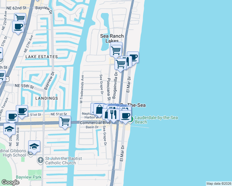 map of restaurants, bars, coffee shops, grocery stores, and more near 4532 Bougainvilla Drive in Lauderdale-by-the-Sea