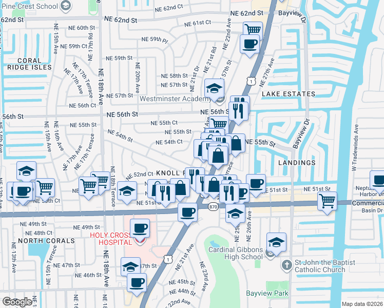 map of restaurants, bars, coffee shops, grocery stores, and more near 5404 Northeast 22nd Avenue in Fort Lauderdale