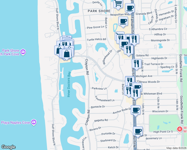 map of restaurants, bars, coffee shops, grocery stores, and more near 3860 Crayton Road in Naples