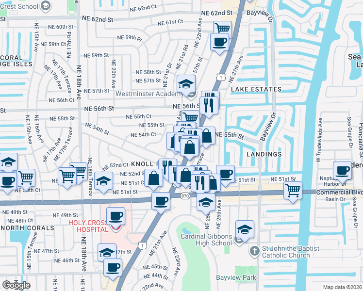 map of restaurants, bars, coffee shops, grocery stores, and more near 5425 U.S. 1 in Fort Lauderdale