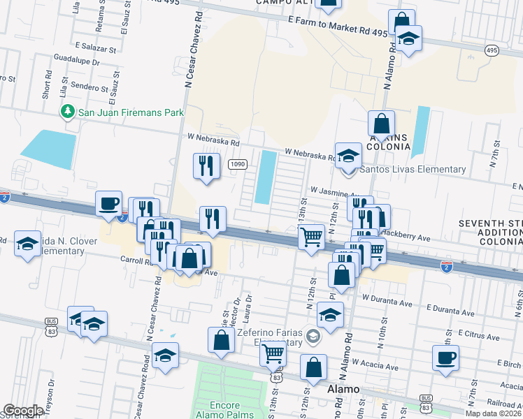 map of restaurants, bars, coffee shops, grocery stores, and more near 1320 West Frontage Road in Alamo