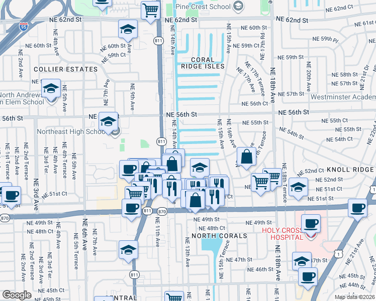 map of restaurants, bars, coffee shops, grocery stores, and more near 1419 Northeast 53rd Street in Fort Lauderdale