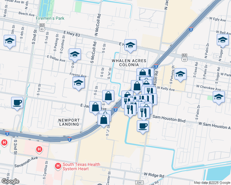 map of restaurants, bars, coffee shops, grocery stores, and more near 1014 East Ithaca Avenue in McAllen