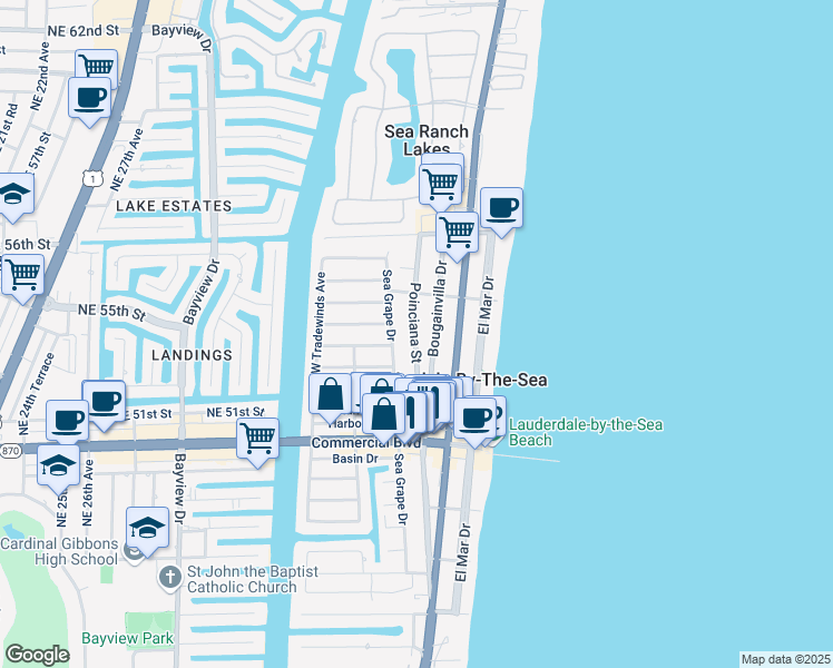 map of restaurants, bars, coffee shops, grocery stores, and more near 4512 Sea Grape Drive in Lauderdale-by-the-Sea