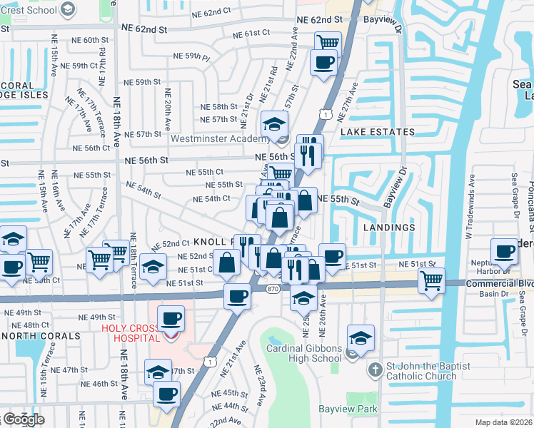 map of restaurants, bars, coffee shops, grocery stores, and more near 5425 U.S. 1 in Fort Lauderdale