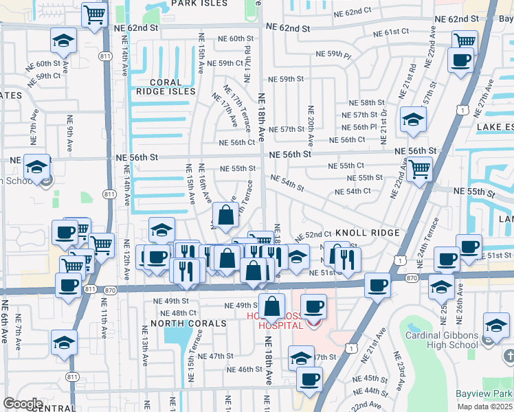 map of restaurants, bars, coffee shops, grocery stores, and more near 5250 Northeast 18th Terrace in Fort Lauderdale