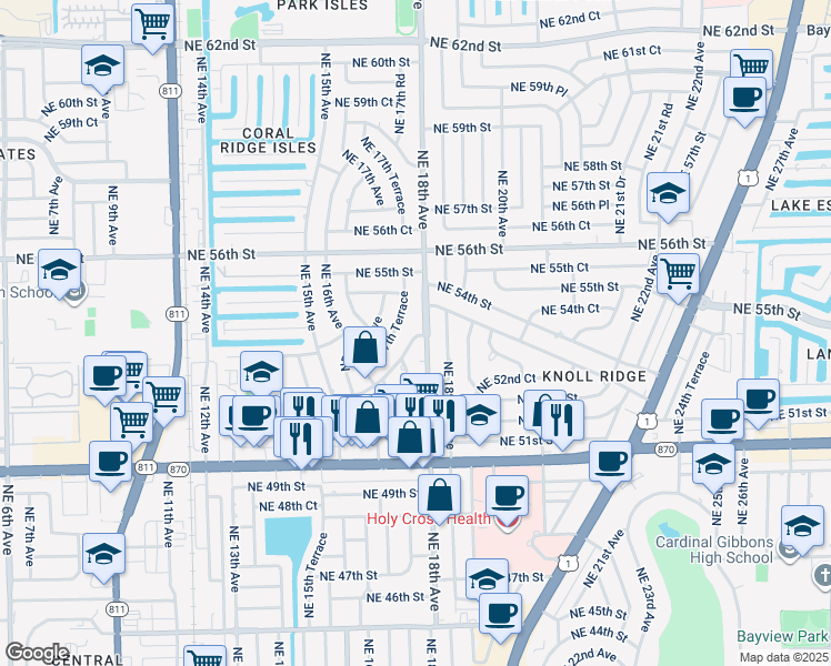 map of restaurants, bars, coffee shops, grocery stores, and more near 5250 Northeast 18th Terrace in Fort Lauderdale