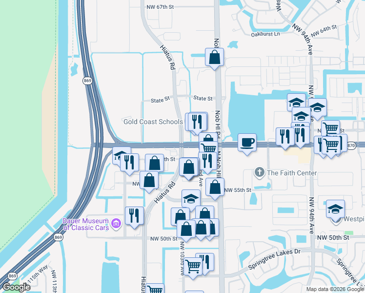 map of restaurants, bars, coffee shops, grocery stores, and more near W Commercial Blvd & N Hiatus Rd in Sunrise