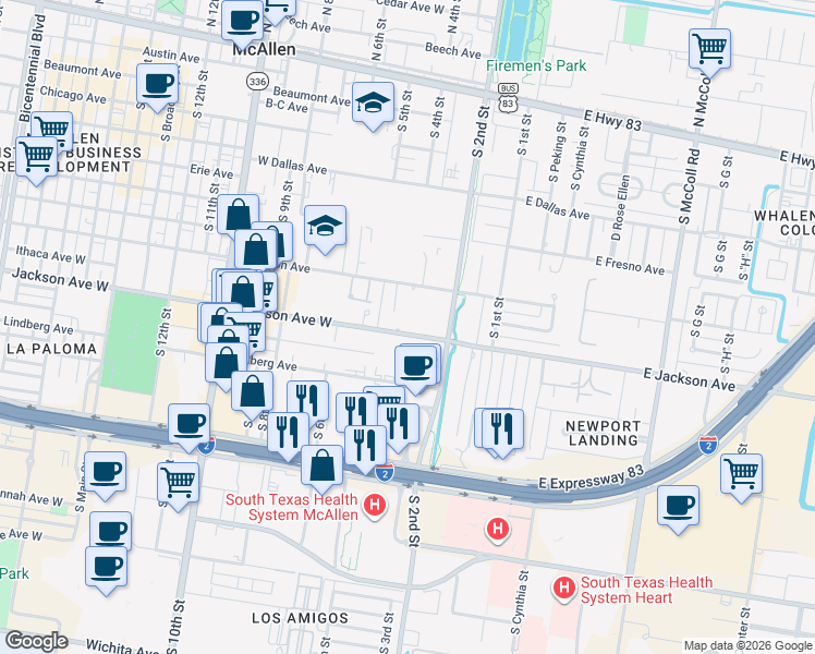 map of restaurants, bars, coffee shops, grocery stores, and more near 315 Jackson Avenue West in McAllen