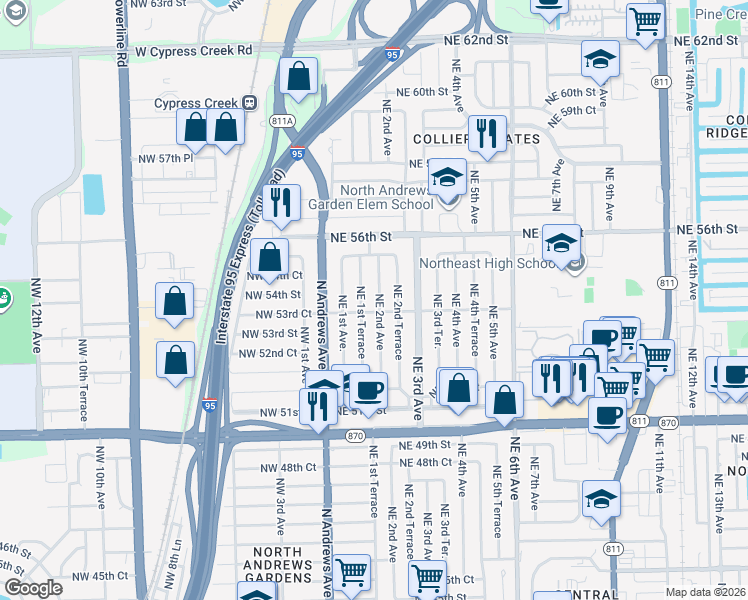 map of restaurants, bars, coffee shops, grocery stores, and more near 180 Northeast 53rd Court in Fort Lauderdale