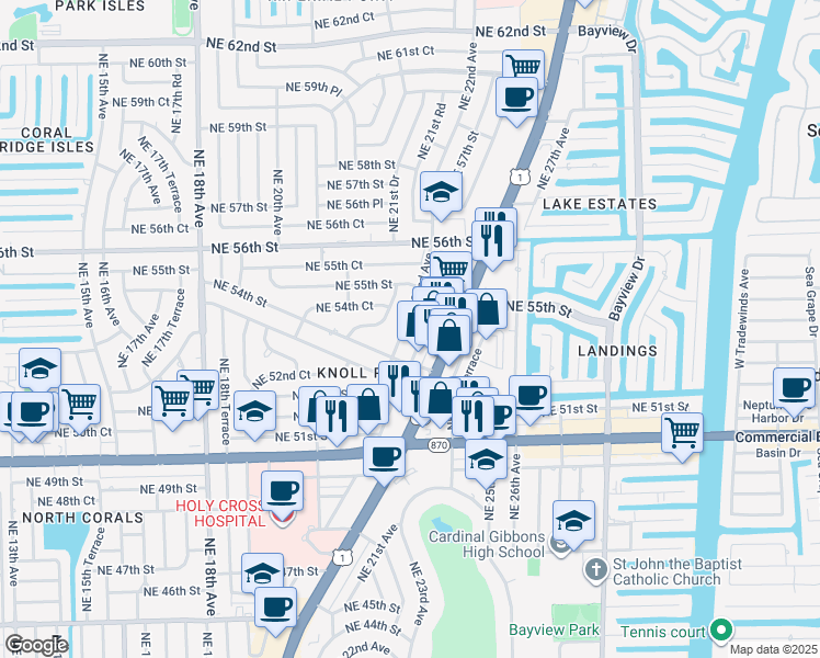 map of restaurants, bars, coffee shops, grocery stores, and more near 5404 Northeast 22nd Avenue in Fort Lauderdale
