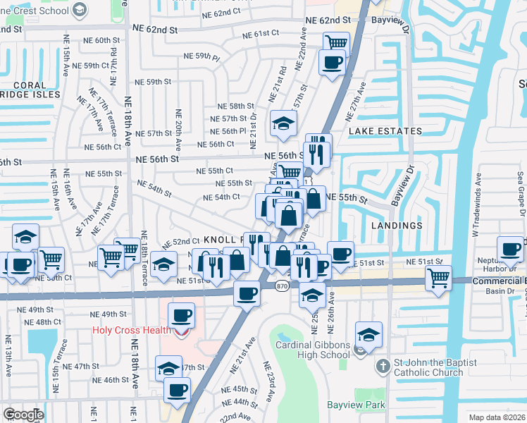 map of restaurants, bars, coffee shops, grocery stores, and more near 5404 Northeast 22nd Avenue in Fort Lauderdale