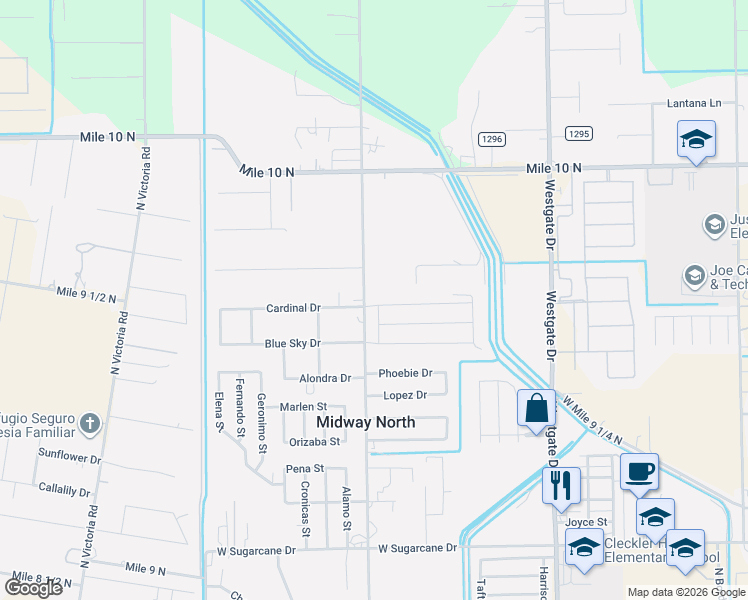 map of restaurants, bars, coffee shops, grocery stores, and more near 2502 Blue Sky in Weslaco
