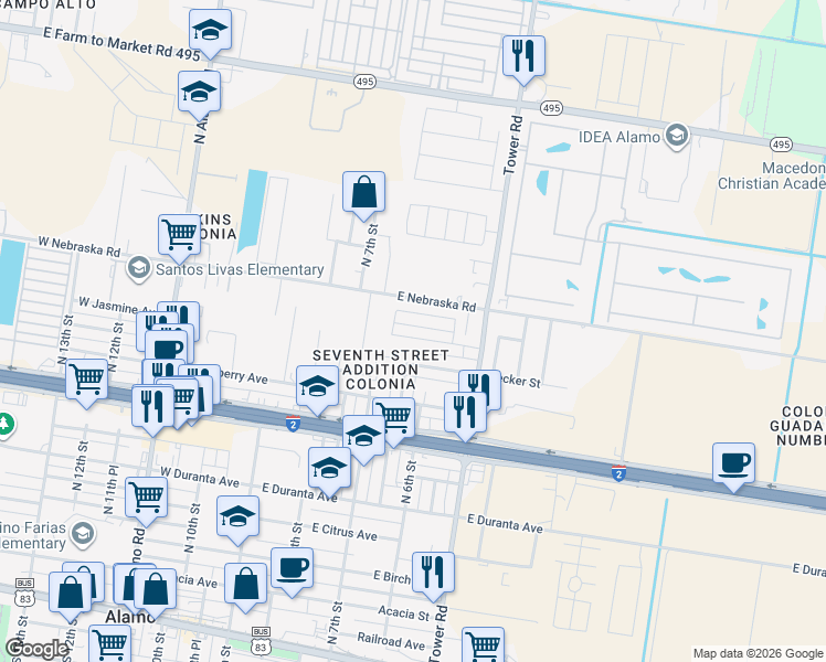 map of restaurants, bars, coffee shops, grocery stores, and more near 521 Shea Drive in Alamo