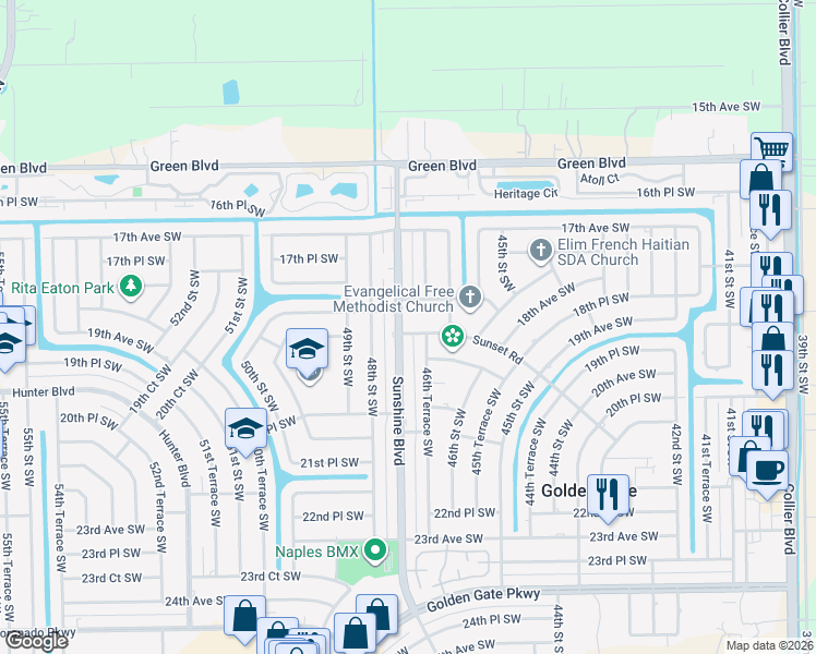 map of restaurants, bars, coffee shops, grocery stores, and more near 1850 Sunshine Boulevard in Naples