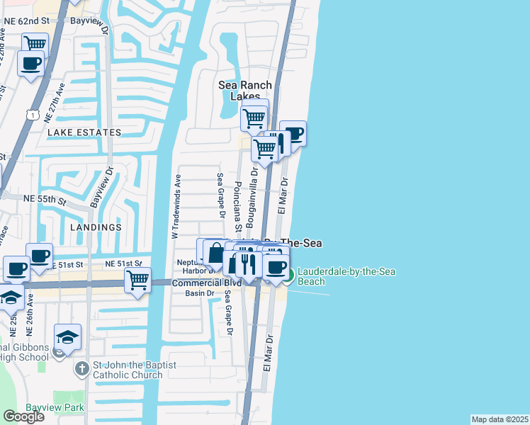 map of restaurants, bars, coffee shops, grocery stores, and more near 4512 Bougainvilla Drive in Lauderdale-by-the-Sea