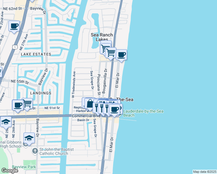 map of restaurants, bars, coffee shops, grocery stores, and more near 4512 Bougainvilla Drive in Lauderdale-by-the-Sea
