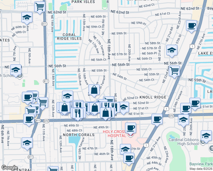 map of restaurants, bars, coffee shops, grocery stores, and more near 1741 Northeast 52nd Street in Oakland Park