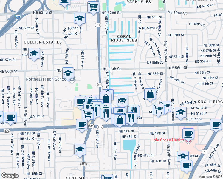 map of restaurants, bars, coffee shops, grocery stores, and more near 1419 Northeast 53rd Street in Fort Lauderdale