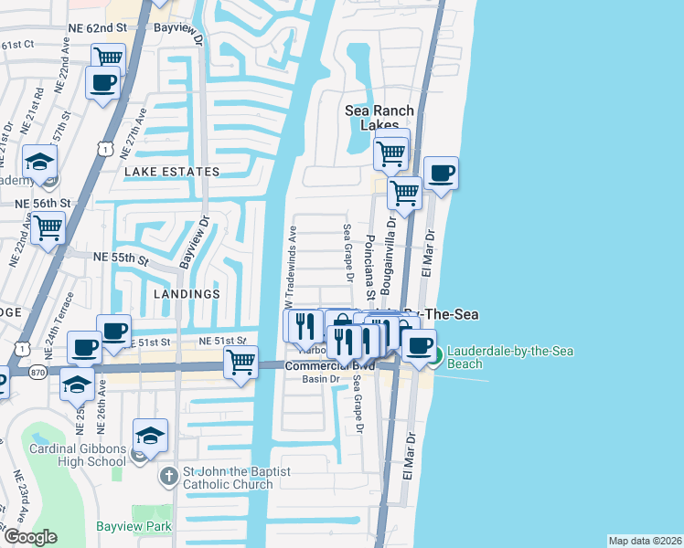 map of restaurants, bars, coffee shops, grocery stores, and more near 4512 Sea Grape Drive in Lauderdale-by-the-Sea