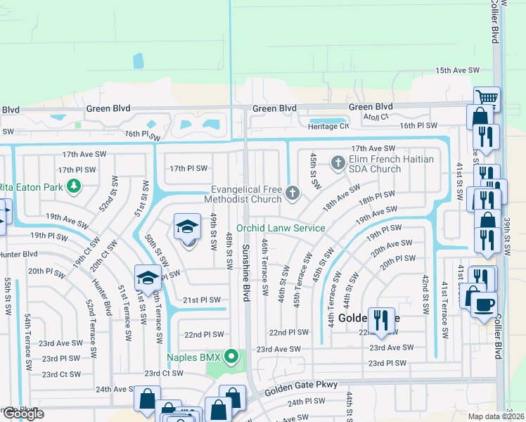 map of restaurants, bars, coffee shops, grocery stores, and more near 1900 Sunshine Boulevard in Naples