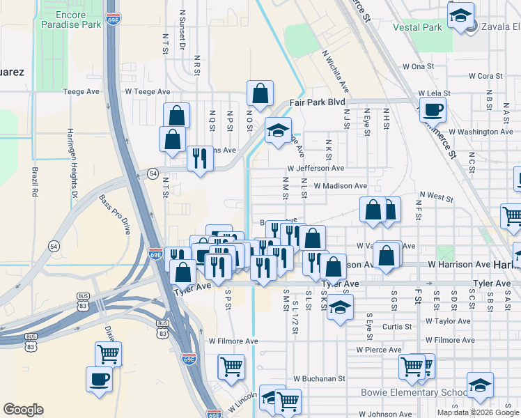 map of restaurants, bars, coffee shops, grocery stores, and more near 1502 Barton Street in Harlingen