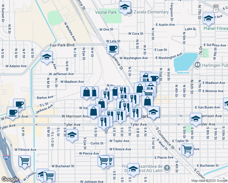 map of restaurants, bars, coffee shops, grocery stores, and more near 198 N E St in Harlingen