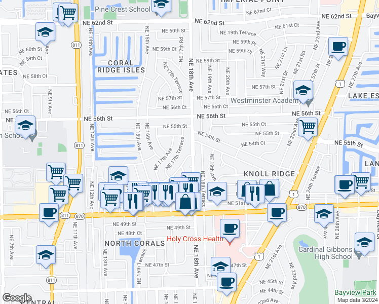 map of restaurants, bars, coffee shops, grocery stores, and more near 5201 Northeast 18th Avenue in Fort Lauderdale