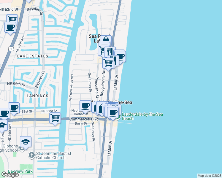 map of restaurants, bars, coffee shops, grocery stores, and more near 4540 North Ocean Drive in Lauderdale-by-the-Sea
