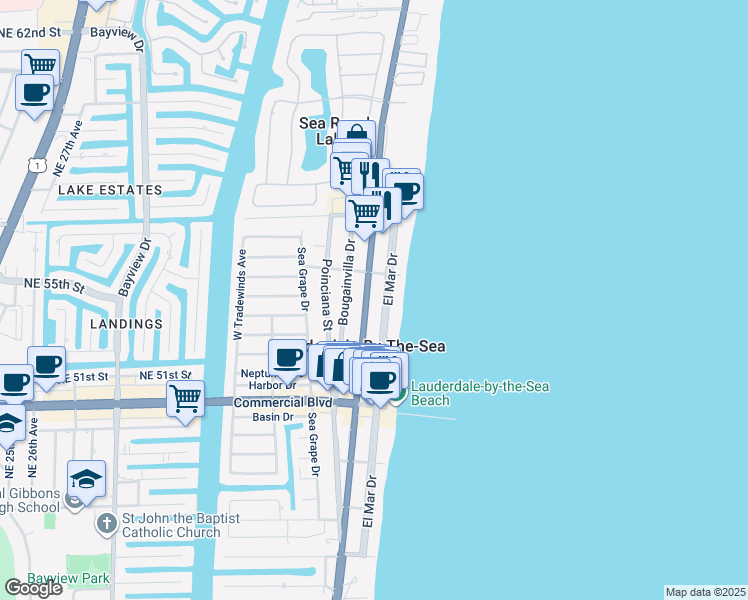 map of restaurants, bars, coffee shops, grocery stores, and more near 4561 El Mar Drive in Lauderdale-by-the-Sea