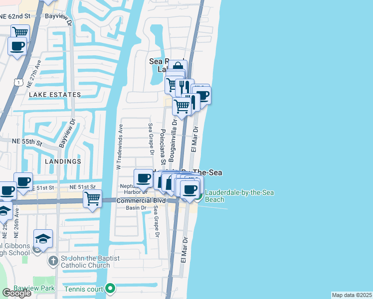 map of restaurants, bars, coffee shops, grocery stores, and more near 4561 El Mar Drive in Lauderdale-by-the-Sea