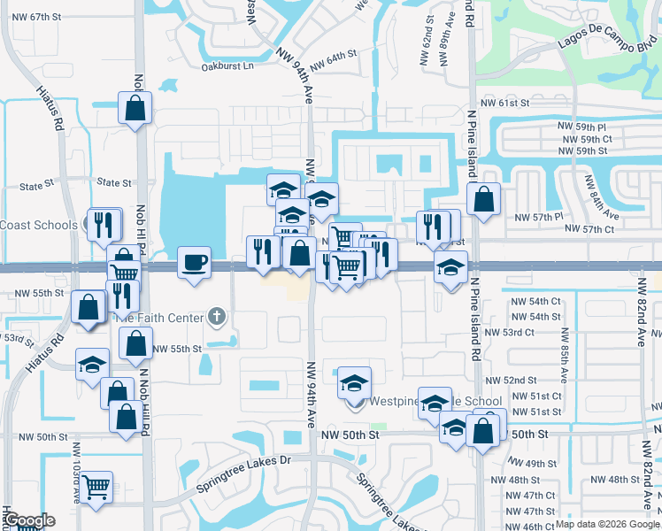 map of restaurants, bars, coffee shops, grocery stores, and more near 9399 West Commercial Boulevard in Sunrise